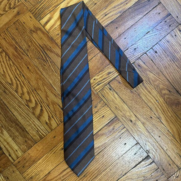 Gallieni 100% Silk Tie Made in Italy Brown & Blue Striped Necktie 63” x 3.5” Lux - Picture 3 of 5